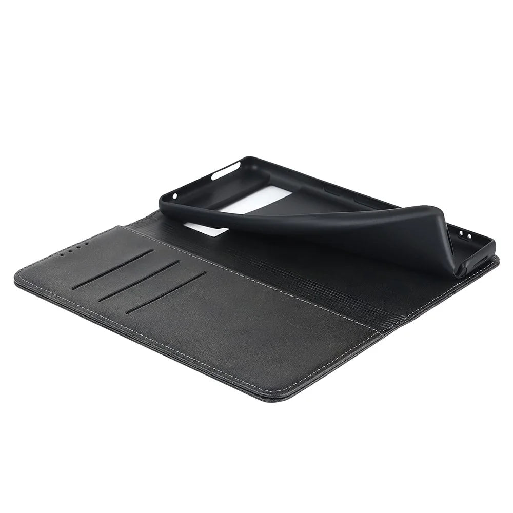 Calf Texture PU Leather Case for Google Pixel 7 Pro 5G, Magnetic Auto Closing Phone Stand Wallet Cover - Black - 6