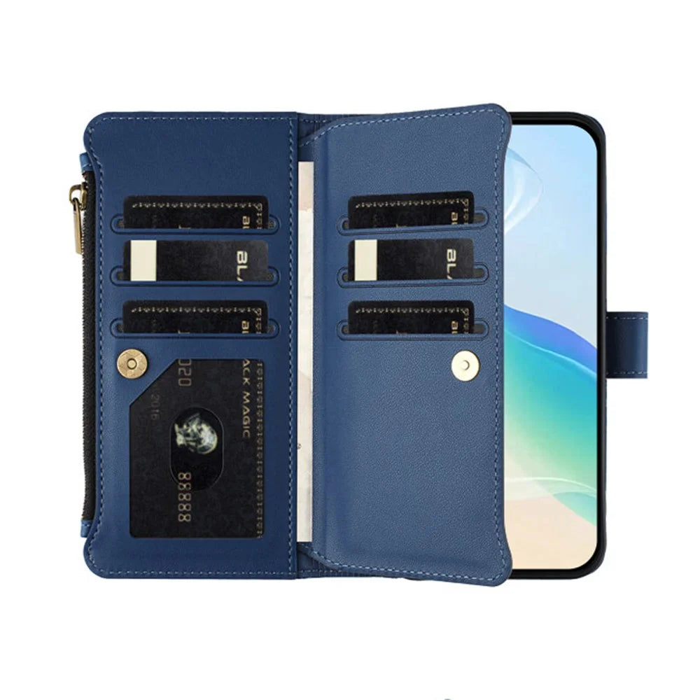 For Samsung Galaxy S25 Ultra Leather Case 9 Card Slots Zipper Wallet Stand Phone Cover with Wrist Strap - Dark Blue - 2