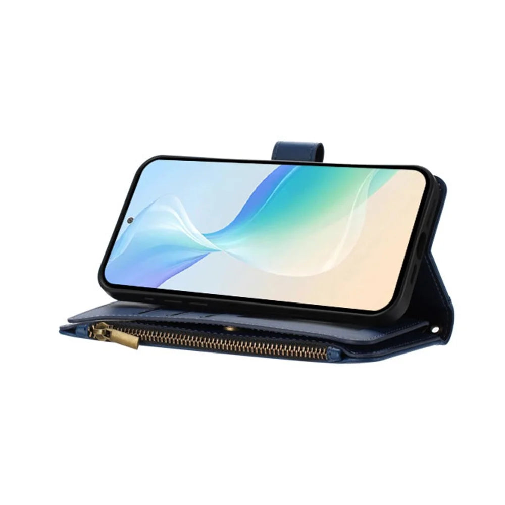 For Samsung Galaxy S25 Ultra Leather Case 9 Card Slots Zipper Wallet Stand Phone Cover with Wrist Strap - Dark Blue - 3