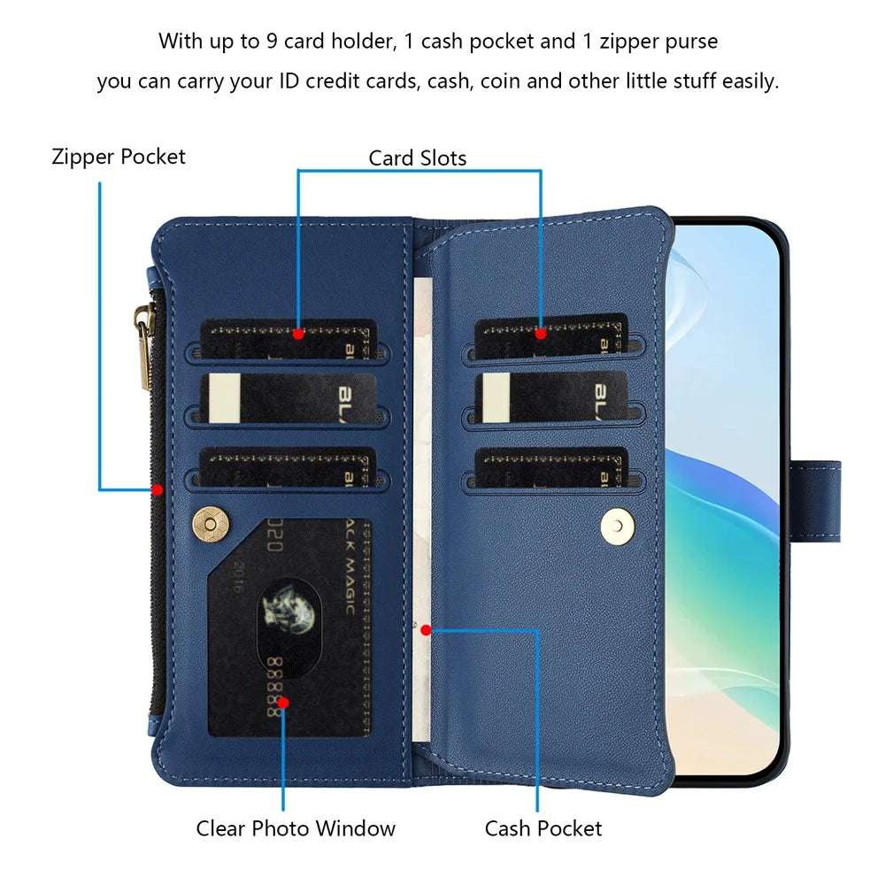 For Samsung Galaxy S25 Ultra Leather Case 9 Card Slots Zipper Wallet Stand Phone Cover with Wrist Strap - Dark Blue - 5