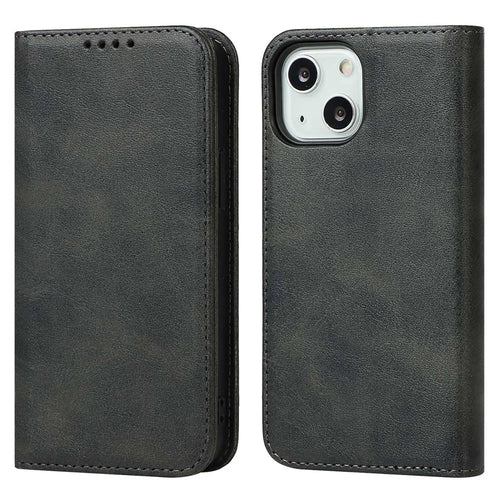 PU Leather Wallet Case for iPhone 14, Calf Texture Magnetic Auto Closing Shockproof Shell Phone Foldable Stand Cover - Black - 1