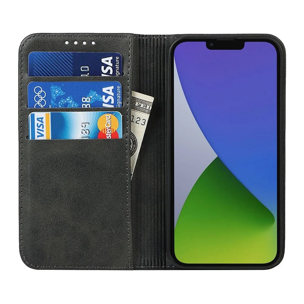 PU Leather Wallet Case for iPhone 14, Calf Texture Magnetic Auto Closing Shockproof Shell Phone Foldable Stand Cover - Black - 2