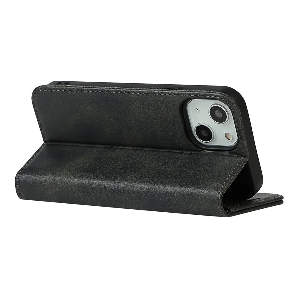 PU Leather Wallet Case for iPhone 14, Calf Texture Magnetic Auto Closing Shockproof Shell Phone Foldable Stand Cover - Black - 3