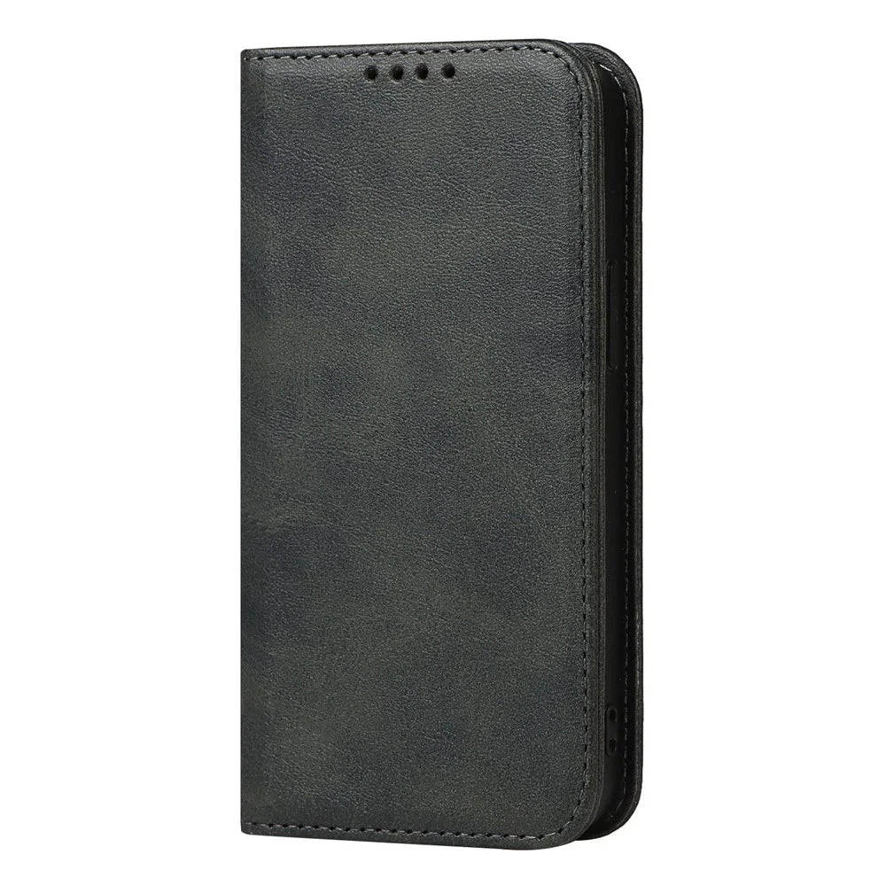 PU Leather Wallet Case for iPhone 14, Calf Texture Magnetic Auto Closing Shockproof Shell Phone Foldable Stand Cover - Black - 7