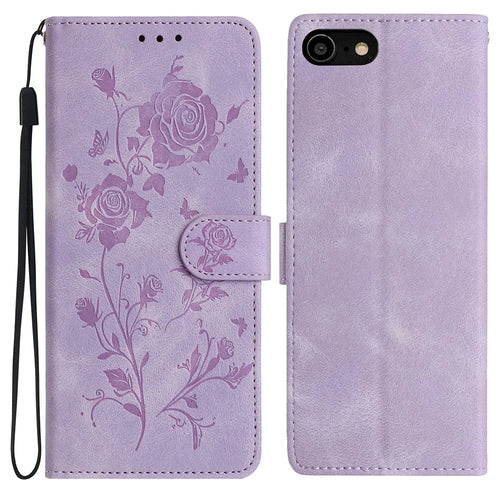 Wallet Case for iPhone SE (2022) / (2020) / 8 / 7 / 6 / 6s Rose Pattern Imprinted Leather Flip Stand Phone Cover - Light Purple - 1