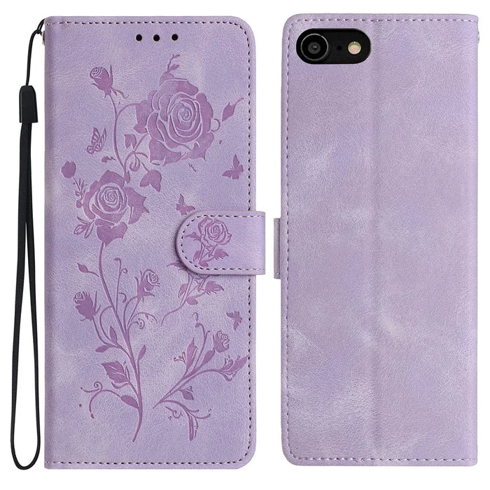 Wallet Case for iPhone SE (2022) / (2020) / 8 / 7 / 6 / 6s Rose Pattern Imprinted Leather Flip Stand Phone Cover - Light Purple - 1