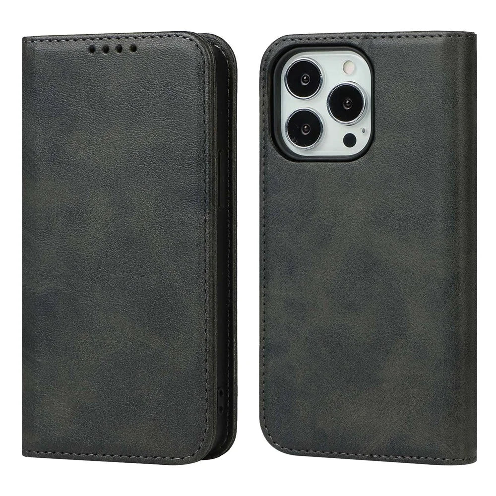 For iPhone 14 Pro Calf Texture PU Leather Wallet Case Magnetic Auto-absorbed Shockproof Flip Stand Cover - Black - 1