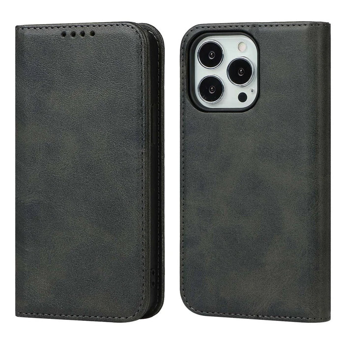 For iPhone 14 Pro Calf Texture PU Leather Wallet Case Magnetic Auto-absorbed Shockproof Flip Stand Cover - Black - 1