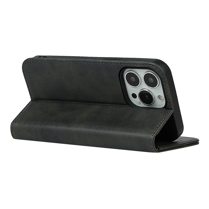 For iPhone 14 Pro Calf Texture PU Leather Wallet Case Magnetic Auto-absorbed Shockproof Flip Stand Cover - Black - 4
