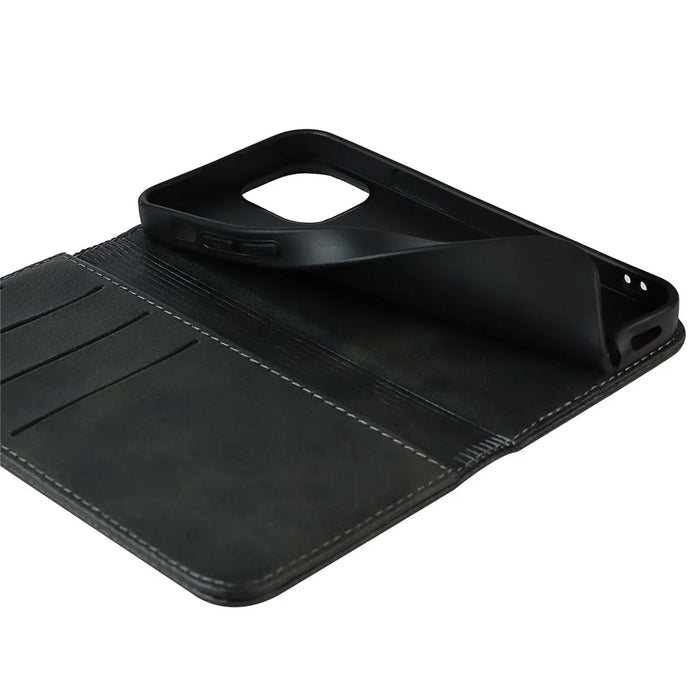 For iPhone 14 Pro Calf Texture PU Leather Wallet Case Magnetic Auto-absorbed Shockproof Flip Stand Cover - Black - 5