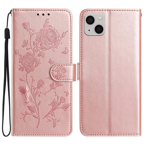 For iPhone 14 Wallet Case Rose Pattern Imprinted Leather Flip Stand Phone Cover - Rose Gold - 1
