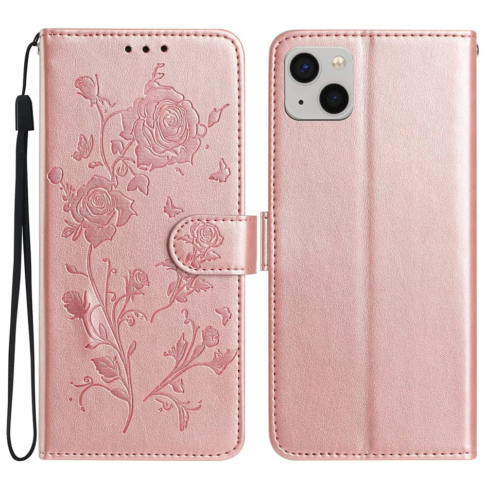 For iPhone 14 Wallet Case Rose Pattern Imprinted Leather Flip Stand Phone Cover - Rose Gold - 1