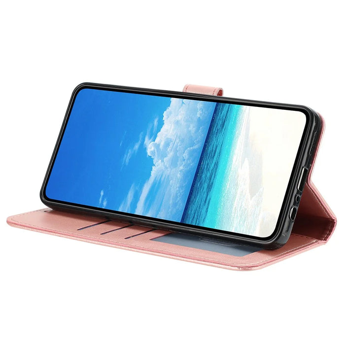 For iPhone 14 Wallet Case Rose Pattern Imprinted Leather Flip Stand Phone Cover - Rose Gold - 2