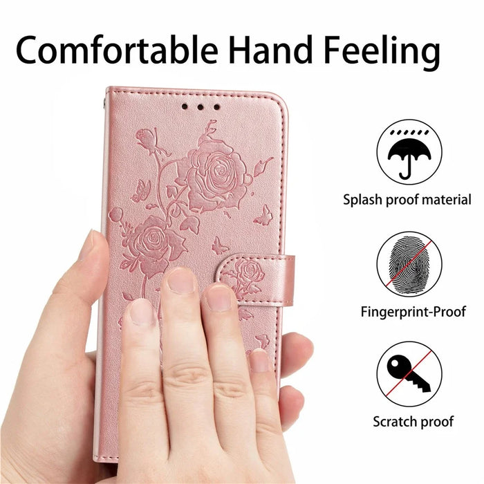 For iPhone 14 Wallet Case Rose Pattern Imprinted Leather Flip Stand Phone Cover - Rose Gold - 4
