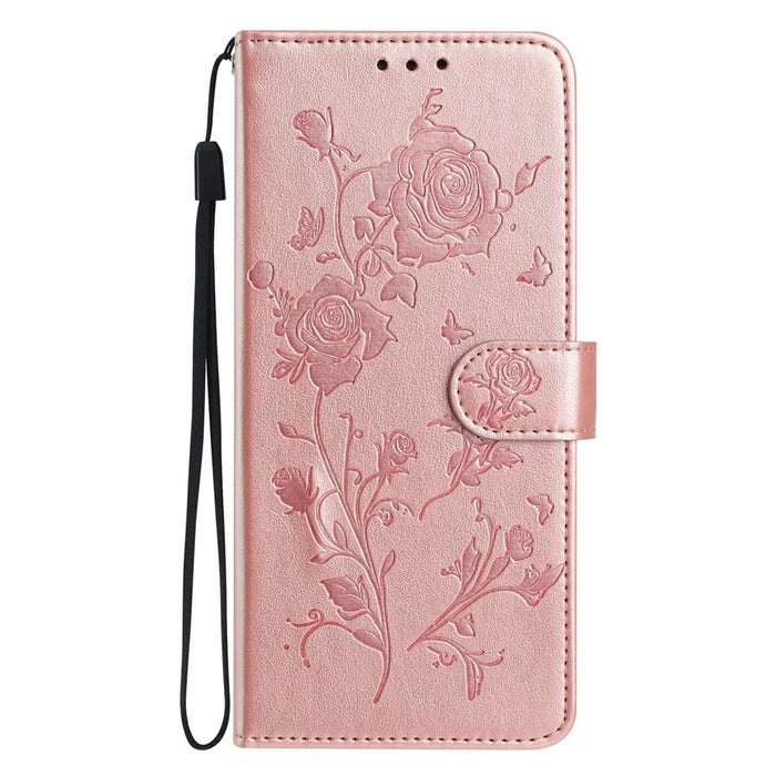For iPhone 14 Wallet Case Rose Pattern Imprinted Leather Flip Stand Phone Cover - Rose Gold - 7