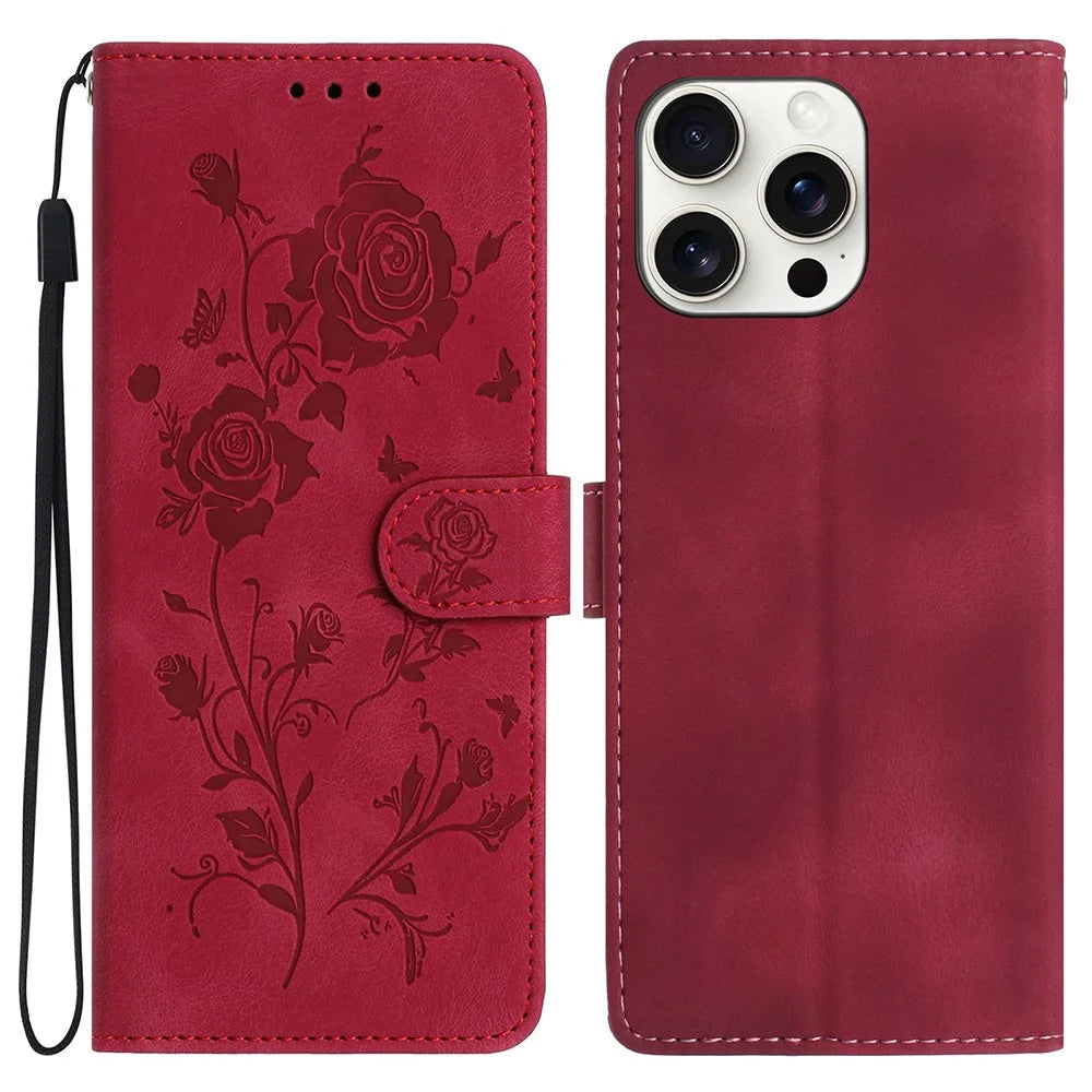 For iPhone 14 Pro Max Wallet Case Rose Pattern Imprinted Leather Flip Stand Phone Cover - Red - 1