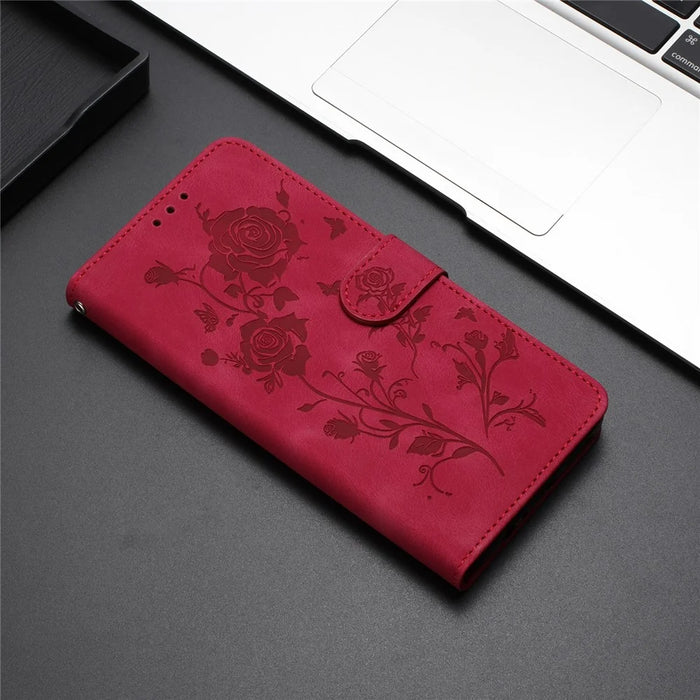 For iPhone 14 Pro Max Wallet Case Rose Pattern Imprinted Leather Flip Stand Phone Cover - Red - 6