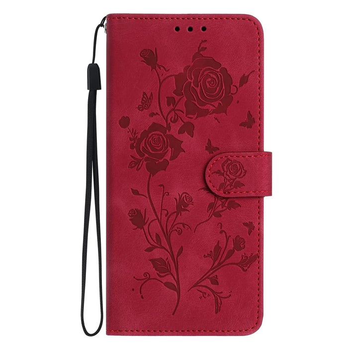 For iPhone 14 Pro Max Wallet Case Rose Pattern Imprinted Leather Flip Stand Phone Cover - Red - 7