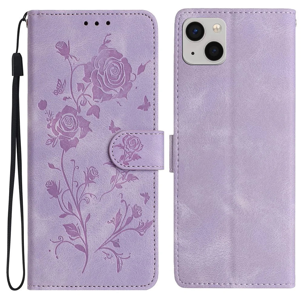 For iPhone 15 Wallet Case Rose Pattern Imprinted Leather Flip Stand Phone Cover - Light Purple - 1