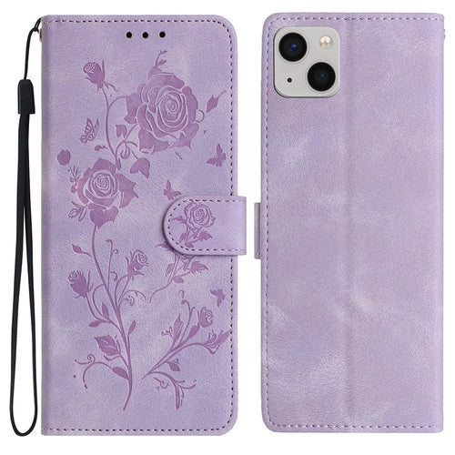 For iPhone 15 Wallet Case Rose Pattern Imprinted Leather Flip Stand Phone Cover - Light Purple - 1