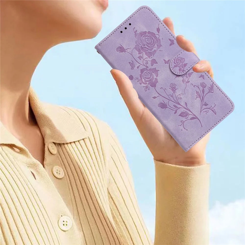 For iPhone 15 Wallet Case Rose Pattern Imprinted Leather Flip Stand Phone Cover - Light Purple - 5