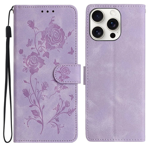 For iPhone 16 Pro Max Wallet Case Rose Pattern Imprinted Leather Flip Stand Phone Cover - Light Purple - 1