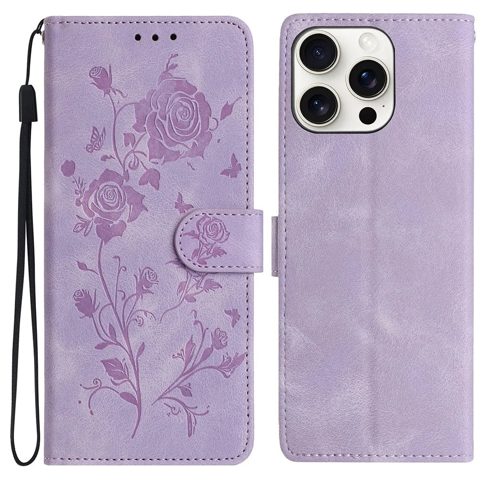For iPhone 16 Pro Max Wallet Case Rose Pattern Imprinted Leather Flip Stand Phone Cover - Light Purple - 1