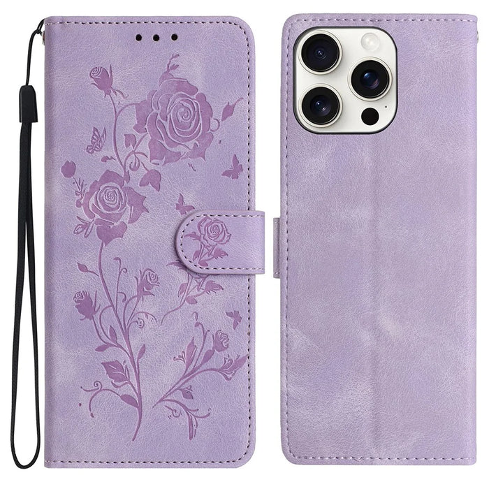 For iPhone 16 Pro Max Wallet Case Rose Pattern Imprinted Leather Flip Stand Phone Cover - Light Purple - 1