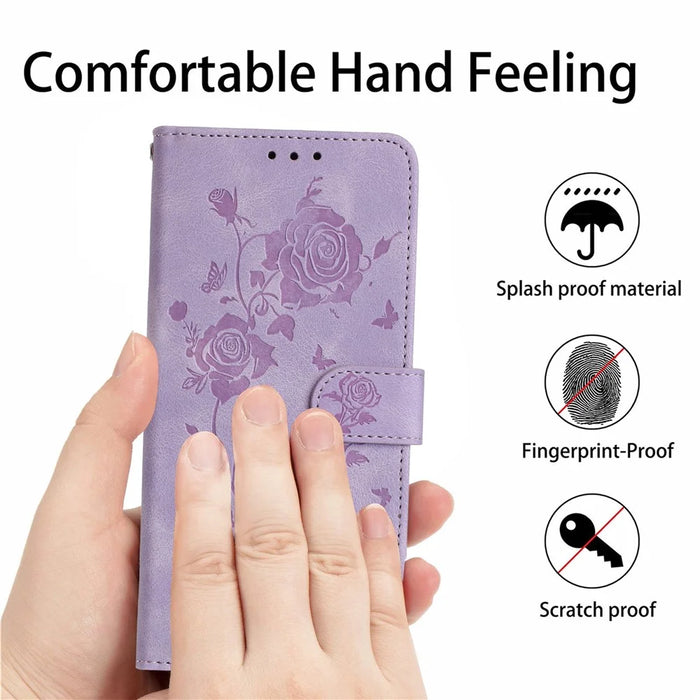 For iPhone 16 Pro Max Wallet Case Rose Pattern Imprinted Leather Flip Stand Phone Cover - Light Purple - 4