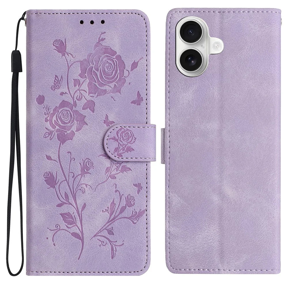 For iPhone 16 Wallet Case Rose Pattern Imprinted Leather Flip Stand Phone Cover - Light Purple - 1