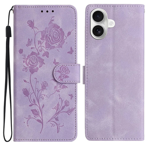 For iPhone 16 Wallet Case Rose Pattern Imprinted Leather Flip Stand Phone Cover - Light Purple - 1