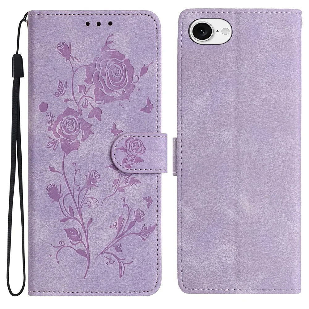 For iPhone 17e / 16e Wallet Case Rose Pattern Imprinted Leather Flip Stand Phone Cover - Light Purple - 1