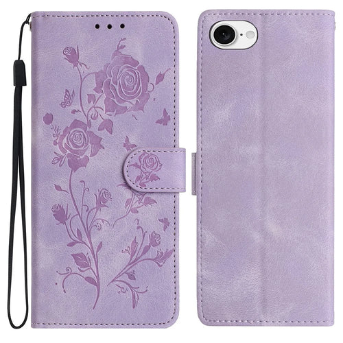 For iPhone 17e / 16e Wallet Case Rose Pattern Imprinted Leather Flip Stand Phone Cover - Light Purple - 1