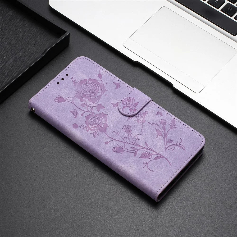 For iPhone 17e / 16e Wallet Case Rose Pattern Imprinted Leather Flip Stand Phone Cover - Light Purple - 6