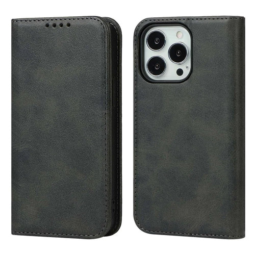 For iPhone 14 Pro Max Calf Texture PU Leather Drop-proof Case Magnetic Auto-absorbed Phone Wallet Stand Cover - Black - 1