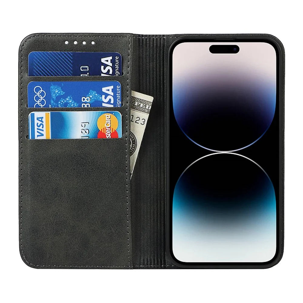 For iPhone 14 Pro Max Calf Texture PU Leather Drop-proof Case Magnetic Auto-absorbed Phone Wallet Stand Cover - Black - 2