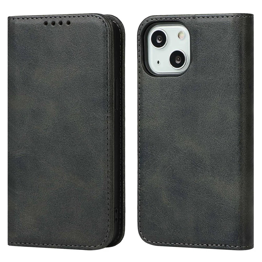 For iPhone 14 Plus Magnetic Auto-absorbed Calf Texture PU Leather Case Shockproof Flip Stand Phone Wallet Cover - Black - 1