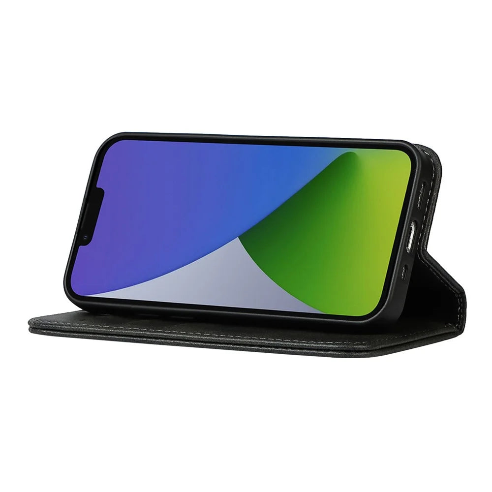 For iPhone 14 Plus Magnetic Auto-absorbed Calf Texture PU Leather Case Shockproof Flip Stand Phone Wallet Cover - Black - 4