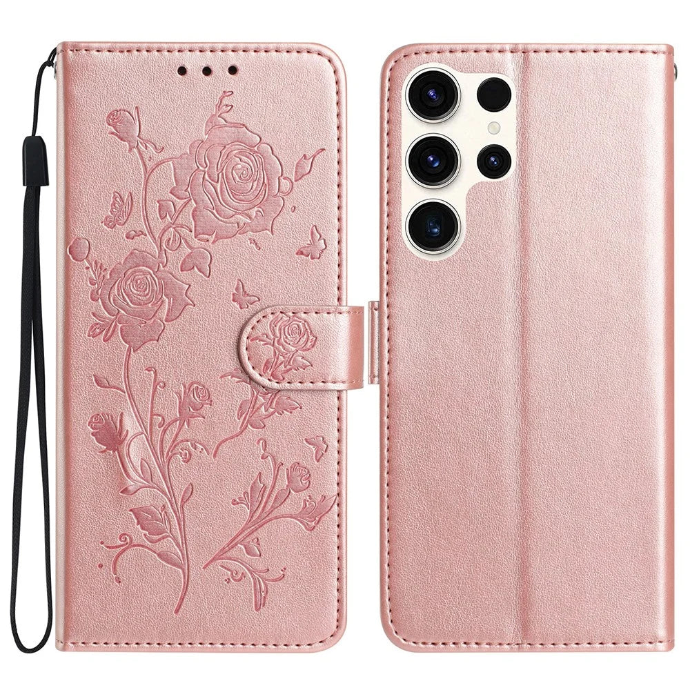 For Samsung Galaxy S24 Ultra Wallet Case Rose Pattern Imprinted Leather Flip Stand Phone Cover - Rose Gold - 1