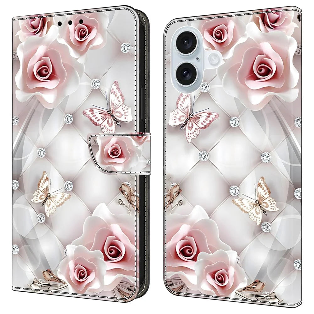 For iPhone 16 Leather Case Pattern Printing Wallet Stand Anti Drop Phone Cover - Pink Butterfly - 1