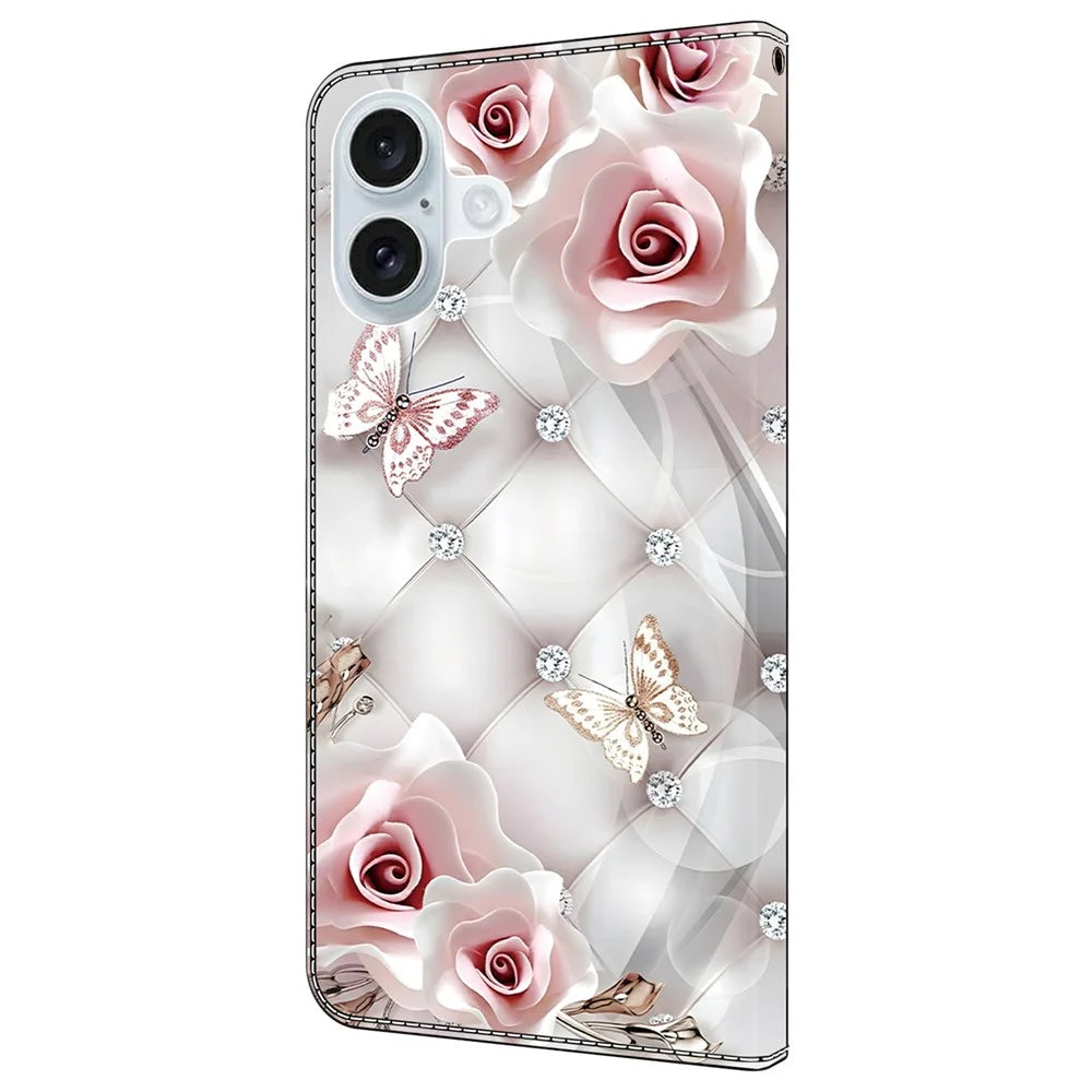 For iPhone 16 Leather Case Pattern Printing Wallet Stand Anti Drop Phone Cover - Pink Butterfly - 7