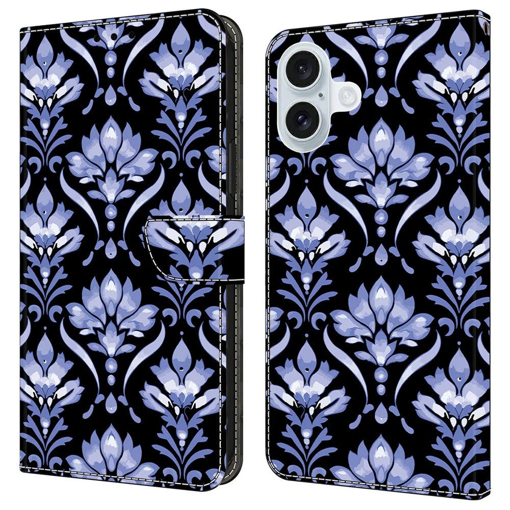 For iPhone 16 Plus Leather Case Pattern Printing Wallet Stand Anti Drop Phone Cover - Flower Texture - 1