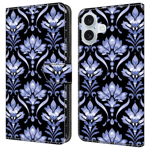 For iPhone 16 Plus Leather Case Pattern Printing Wallet Stand Anti Drop Phone Cover - Flower Texture - 1