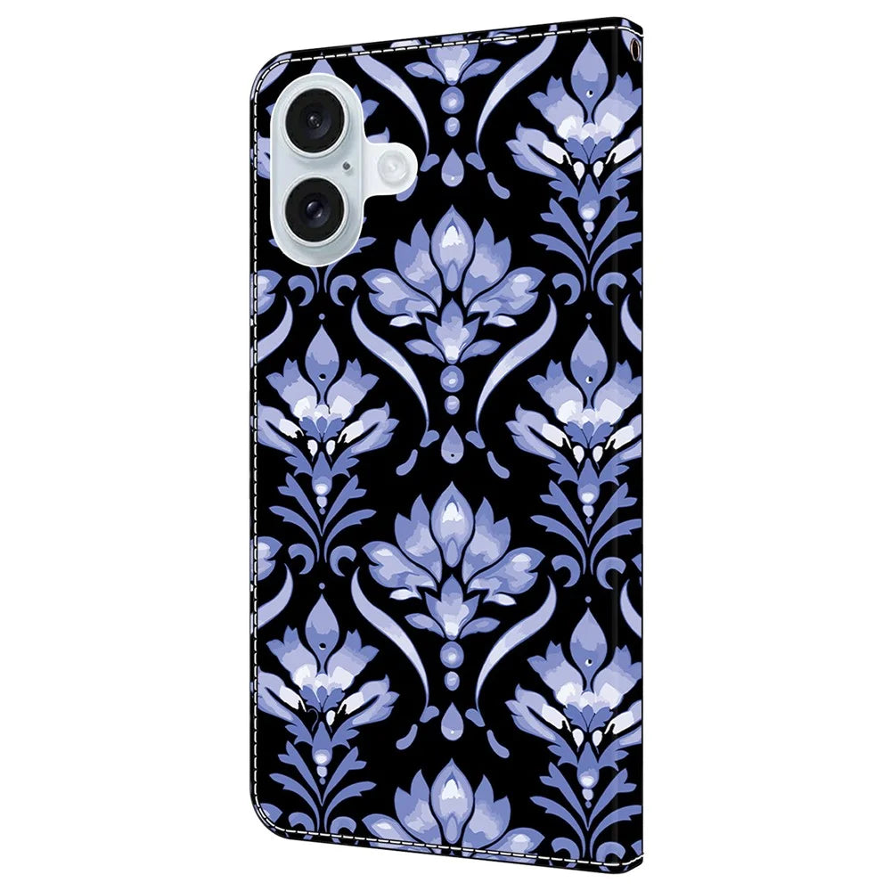 For iPhone 16 Plus Leather Case Pattern Printing Wallet Stand Anti Drop Phone Cover - Flower Texture - 7