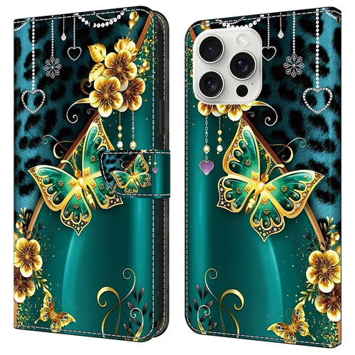 For iPhone 16 Pro Leather Case Pattern Printing Wallet Stand Anti Drop Phone Cover - Golden Flower Butterfly - 1