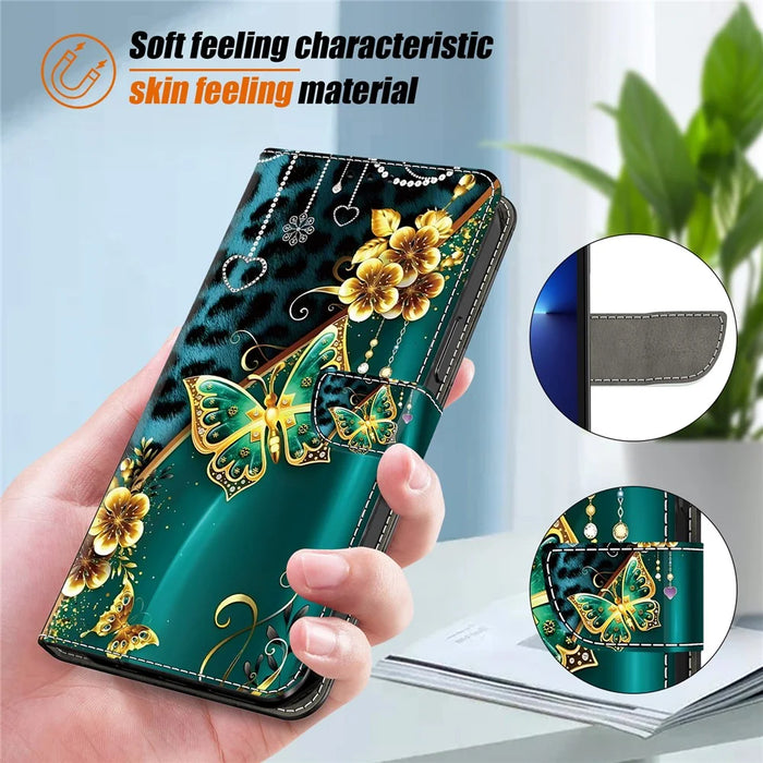 For iPhone 16 Pro Leather Case Pattern Printing Wallet Stand Anti Drop Phone Cover - Golden Flower Butterfly - 4