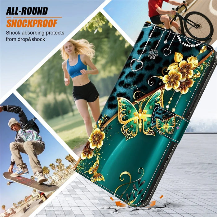 For iPhone 16 Pro Leather Case Pattern Printing Wallet Stand Anti Drop Phone Cover - Golden Flower Butterfly - 5
