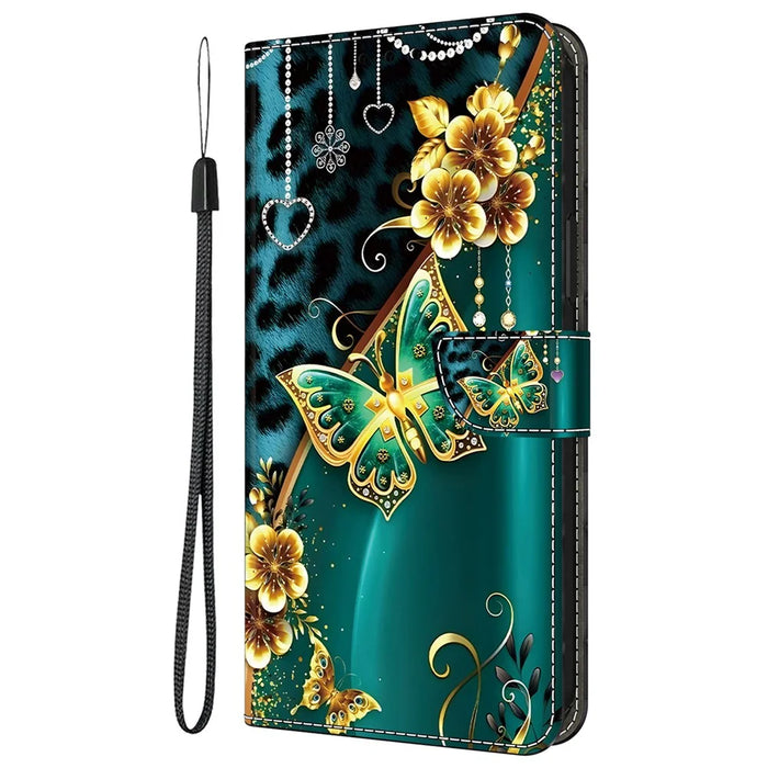 For iPhone 16 Pro Leather Case Pattern Printing Wallet Stand Anti Drop Phone Cover - Golden Flower Butterfly - 6