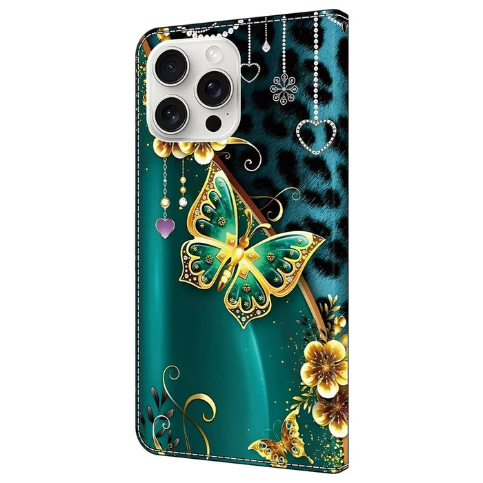 For iPhone 16 Pro Leather Case Pattern Printing Wallet Stand Anti Drop Phone Cover - Golden Flower Butterfly - 7