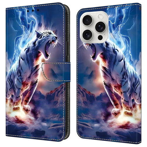For iPhone 16 Pro Max Leather Case Pattern Printing Wallet Stand Anti Drop Phone Cover - Thunder Tiger - 1